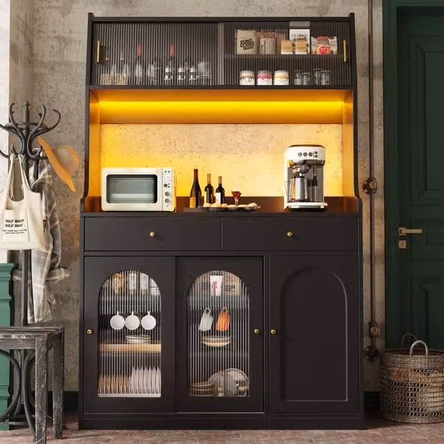 Matteo Tall Kitchen Display Cabinet in Black with Glass Doors and Integrated Lighting
