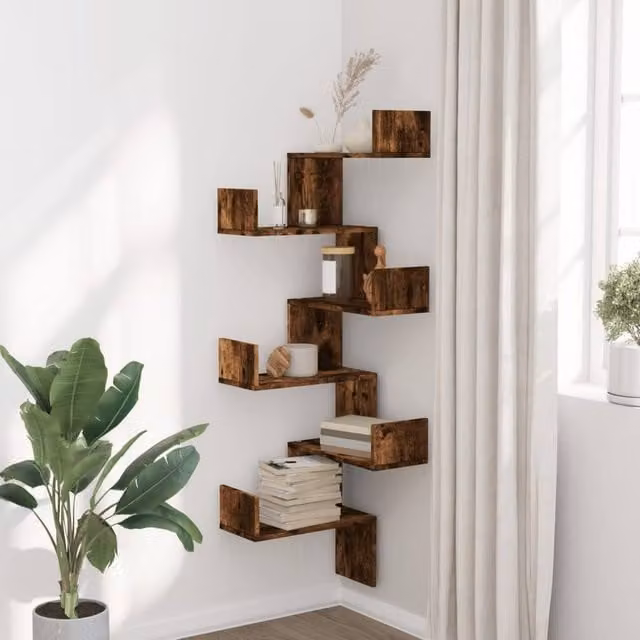 Berkfield Home Wall Mounted Corner Shelf in Smoked Oak Brown, W/D/H: 45 x 45 x 147 cm
