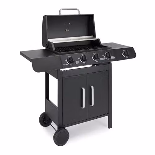 VonHaus Black Gas BBQ with 4+1 Burners, Side Burner, Warming Rack, Thermometer and Storage Cart