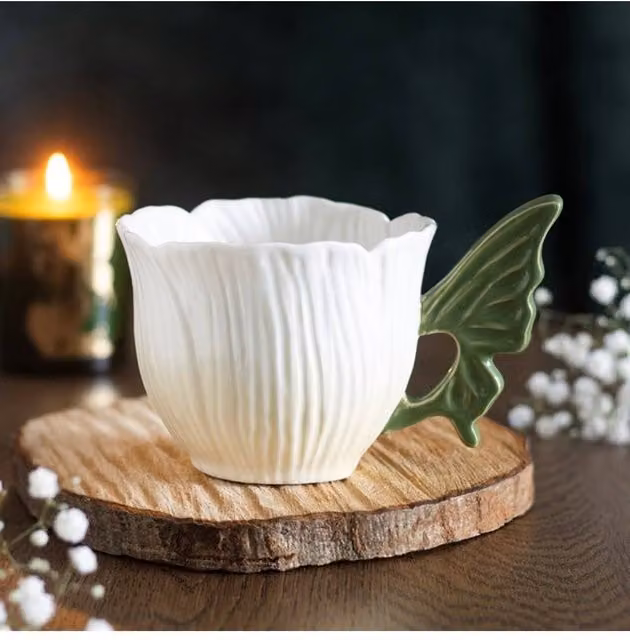 KDMD Flower Fairy Wing Ceramic Teacup in White and Green with Floral Design