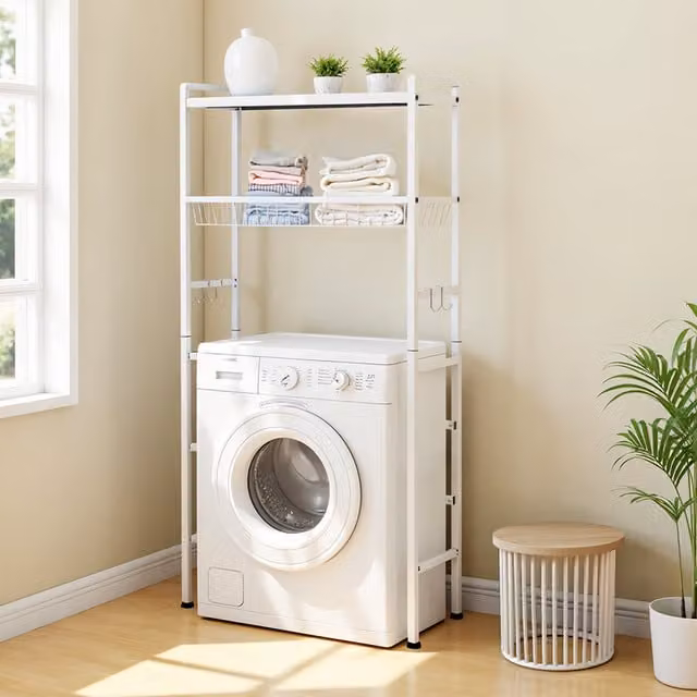 Komore Freestanding White Metal Over Washing Machine Storage Unit with Adjustable Shelves