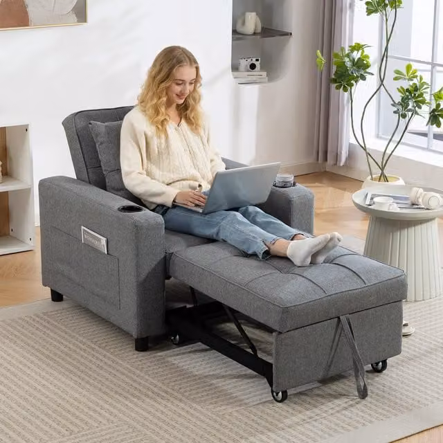 HOMCOM 3-in-1 Single Sofa Bed with Adjustable Backrest and Armrests in Dark Grey