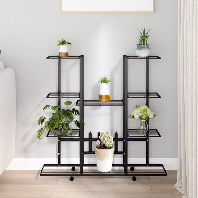 Berkfield Home Black Iron Flower Stand with Wheels, W/D/H: 94.5 x 24.5 x 91.5 cm