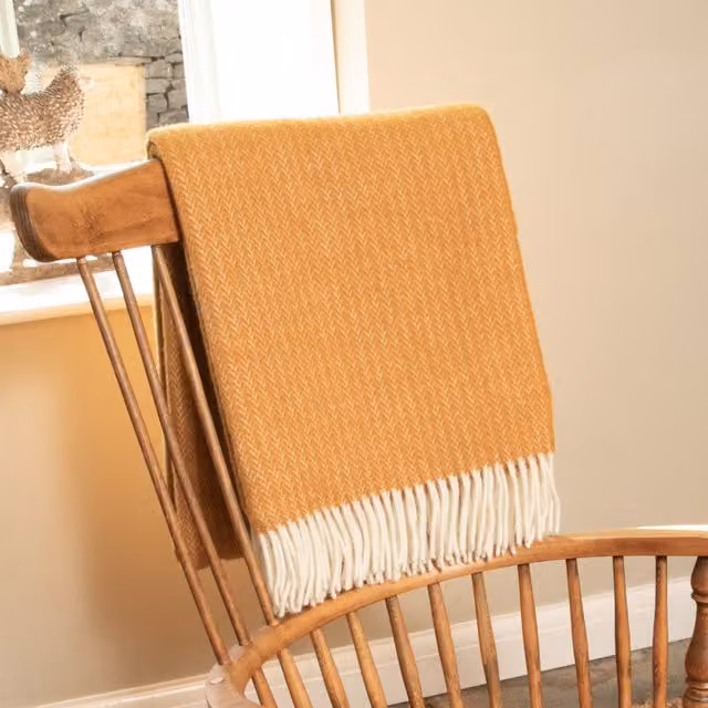 Native Natural Yellow Wool Blanket with Checked Cable Pattern