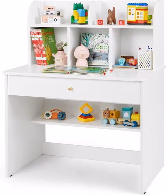 Gymax White Wooden Writing Desk with Hutch and Drawer for Home Office or Children's Room