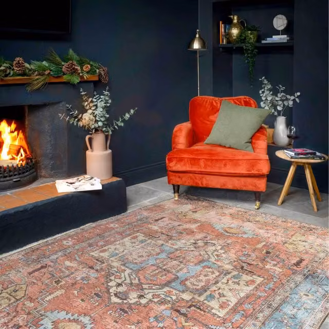 The Rug House Orange Terracotta Blue Distressed Aztec Geometric Persian Non Slip Washable Area Rug, W: 290 cm, D: 200 cm