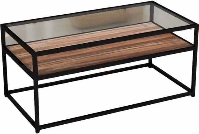 Pirlo Plush Rectangular Glass Top Coffee Table with Steel Frame in Dark Walnut and Black