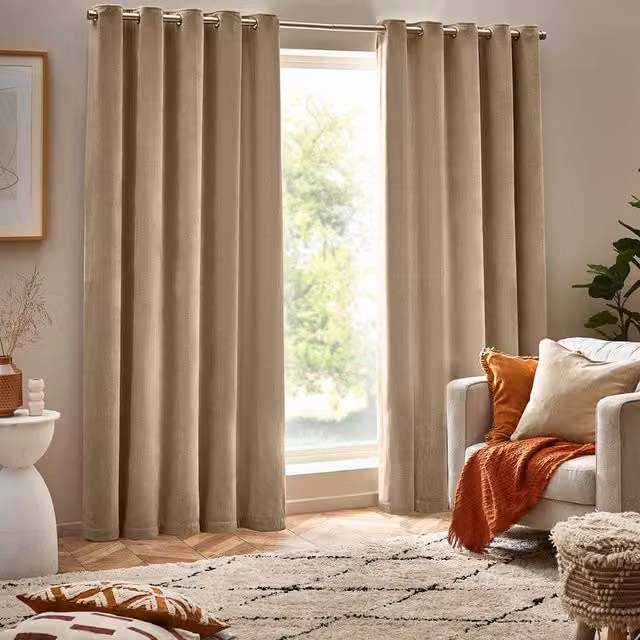 Make It A Home Heavy Chenille Velvet Room Darkening Eyelet Curtains in Beige/Yellow, Width: 183 cm