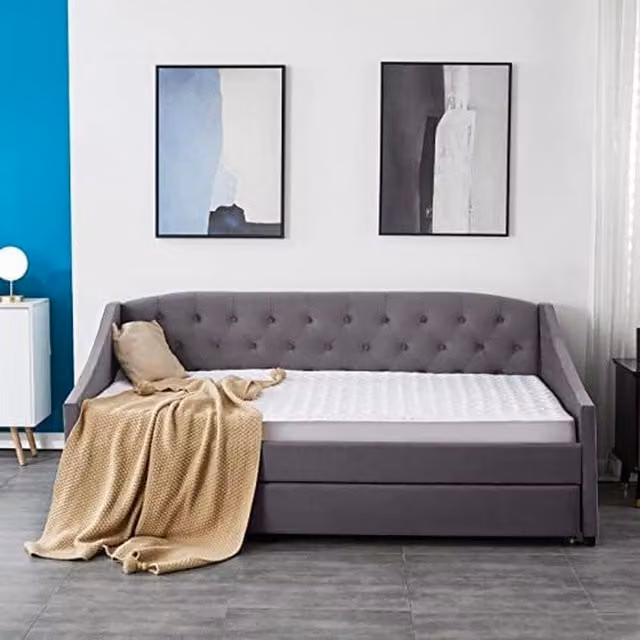 Kosy Koala Modern Upholstered Velvet Daybed with Trundle and 2 Memory Foam Mattresses in Grey