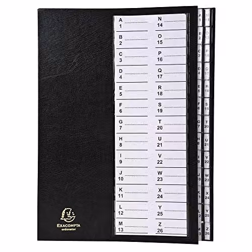 Exacompta Black Multipart File with Rigid Cover for A4 Documents, 26 Sections A-Z, 300gsm Ivory Pressboard, Size: 33.0 x 25.0 cm