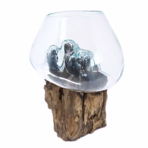 Serenityy Large Hand-Blown Molten Glass and Wood Bowl in Brown and Transparent