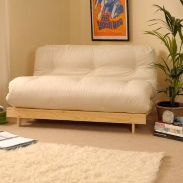 Comfy Living Beige and White Fabric Futon Sofa Bed with Solid Pine Wood Frame, W/D/H: 122 x 120 x 200 cm