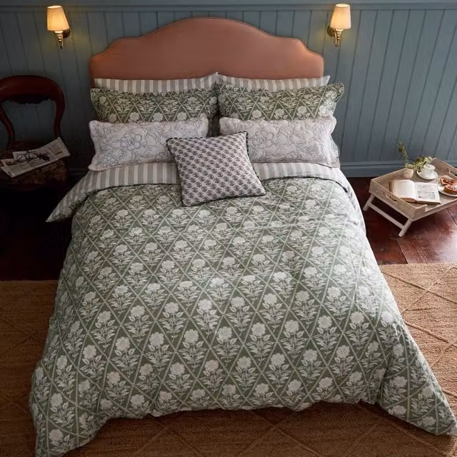Joules Juliette Stamp Single Duvet Cover and Pillowcase Set, Green and Pink Floral Cotton Percale