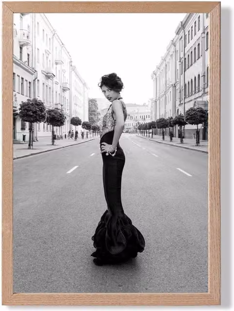 ARTZE Woman in Paris Street Fashion Black and White Photo Framed Print with Oak Frame