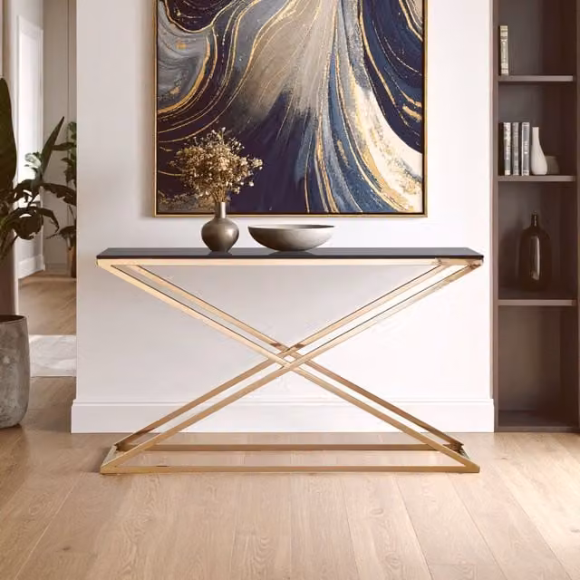 Orsina Montril Gold Console Table with Glass and Acacia Wood, W/D/H: 130 x 40 x 75 cm