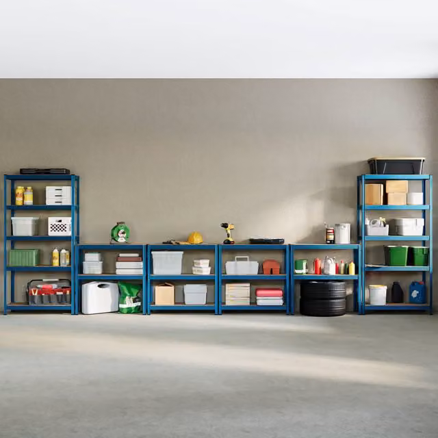 Vida Set of 4 Heavy Duty 5 Tier Garage Shelves and Work Benches in Blue, W/D/H: 150 x 70 x 70 cm