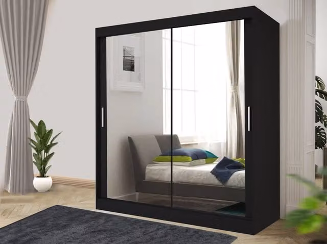 RAC3 Modern Black Sliding Mirror Wardrobe with Integrated Drawers, Width: 150 cm