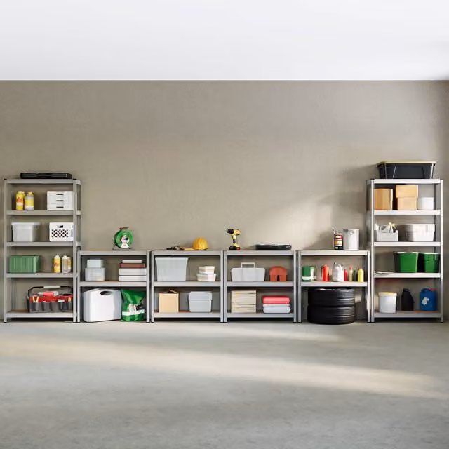 Home Discount Home Vida Set of 4 Heavy Duty 5 Tier Garage Shelves and Work Benches in Metallic Silver, W: 90 cm, D: 90 cm, H: 180 cm