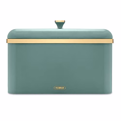 Tower Cavaletto Airtight Bread Bin in Stainless Steel, Jade Green and Gold, W/D/H: 35.0 x 24.0 x 23.0 cm