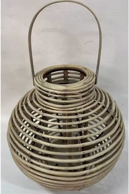 Lemon Pavilion Large Round Rattan Willow Lantern with Glass Holder in Brown/Beige, W: 36 cm, D: 36 cm, H: 35 cm