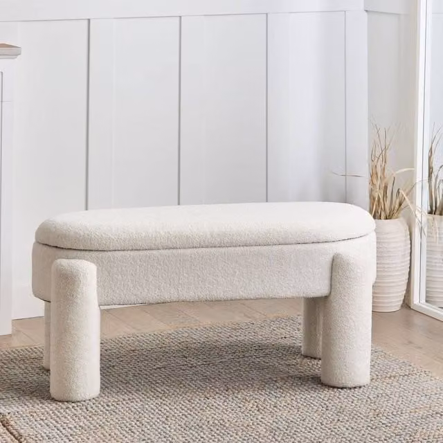 Wyld Haus White Bouclé Storage Bench, W: 114 cm, D: 43 cm, H: 53 cm