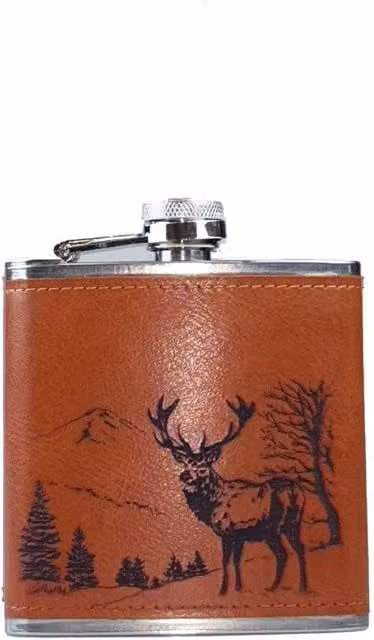 Selbrae House Scenic Stag Leather Hip Flask in Brown