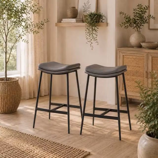 Wyld Haus Ralura Set of 2 Grey Microfibre and Metal Industrial Breakfast Bar Stools H: 68.5 cm, W: 38.5 cm, D: 48.5 cm