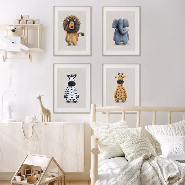 Tigercub Prints Safari Friends Set of 4 Neutral Nursery Animal Illustration Paper Posters, A3
