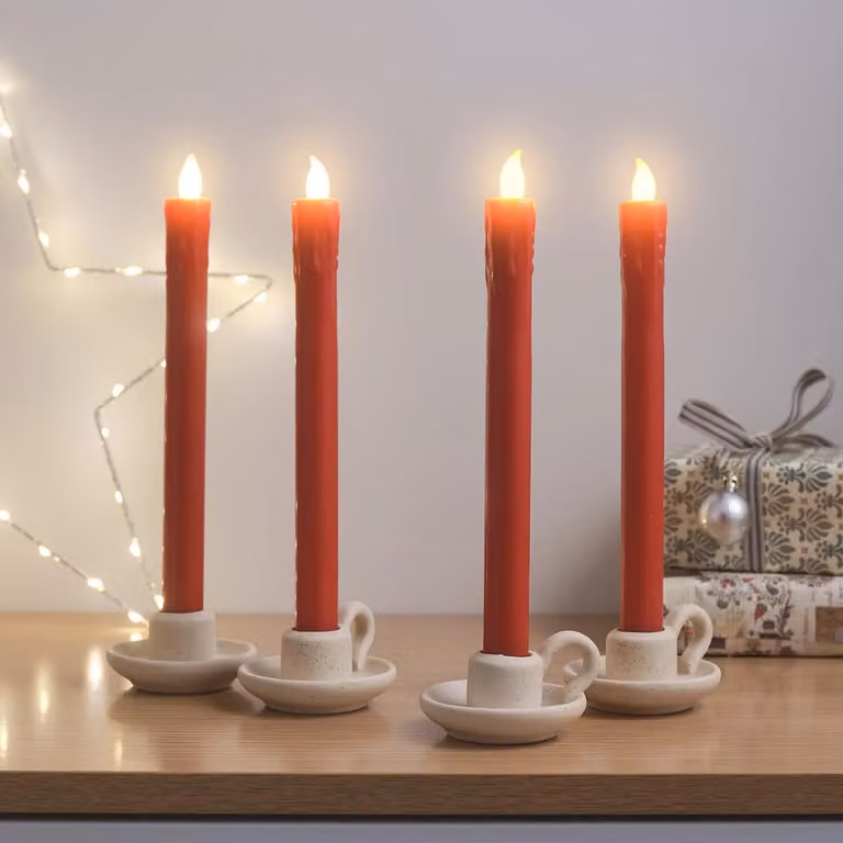 Lights4fun Set of 4 Red Wax Taper Candles with LED Flames and Dripping Effect
