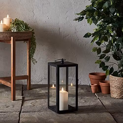 Lights4fun Black Metal Outdoor Garden LED TruGlow Pillar Candle Lantern with White Candle, H 35 cm x W 15 cm x D 15 cm