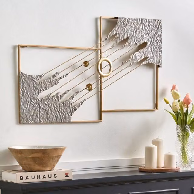 Wyld and Coco Atlas and Co Modern Metal Wall Sculpture in Grey and Gold Abstract Geometric Design