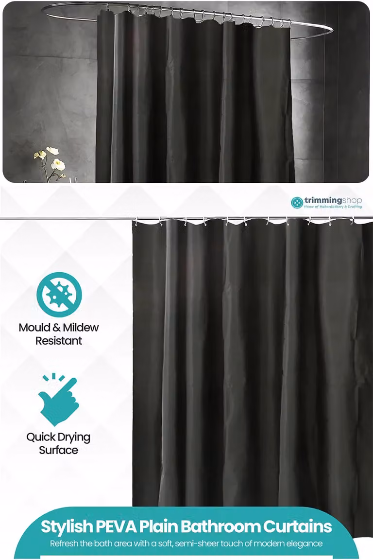 Neel Blue Waterproof PEVA Shower Curtain in Black with 12 Hooks, Mould and Mildew Resistant, W/D/H: 180 x 180 x 180 cm
