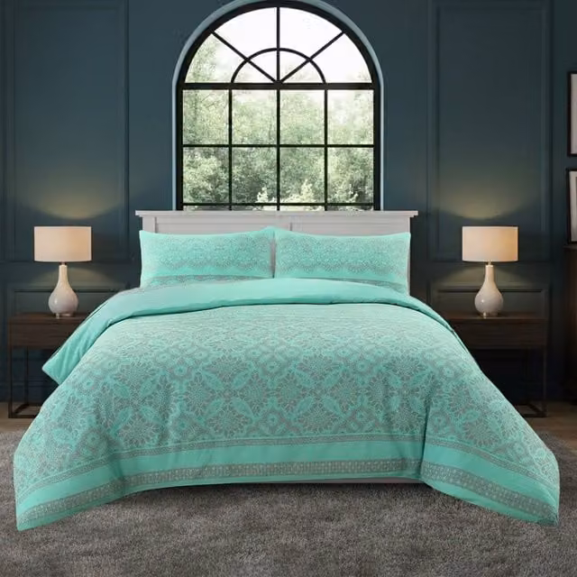 Snug City Elegant Floral Duvet Set and Pillowcase in Mint Green, Super King, W: 200 cm x D: 200 cm