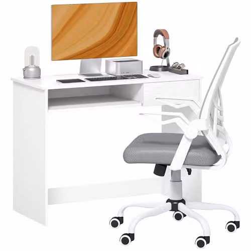 Vinsetto Home Office Desk and Mesh Chair Set in White and Grey