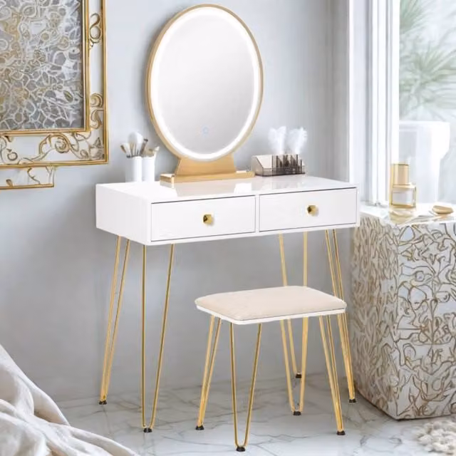 Pirlo Plush 2 Drawer Dressing Table with LED Mirror and Stool in White and Gold, W/D/H: 136 x 80 x 40 cm
