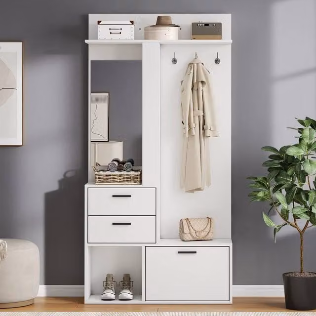 Matteo Modern White Hallway Furniture Set with Mirror, Coat Rack and Shoe Cabinet