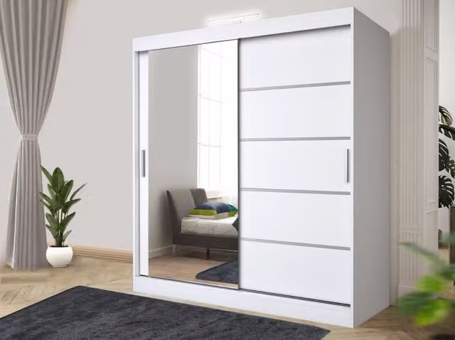 RAC3 Modern Sliding Door Wardrobe with LED Lighting, Mirror and Integrated Drawers in Black and White, Height: 203 cm