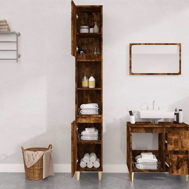 Berkfield Home Durable Smoked Oak Bathroom Cabinet in Brown, W/D/H: 30 x 30 x 190 cm