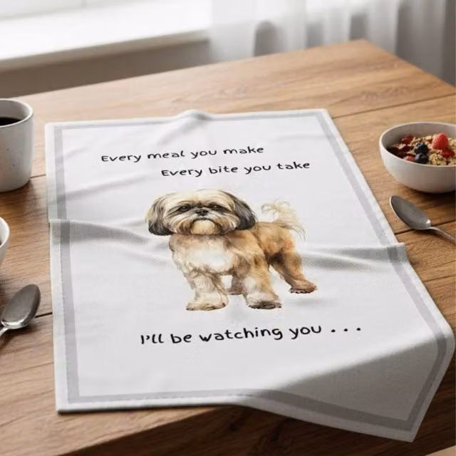 Animal Crackers Shih Tzu Funny Dog Tea Towel in White and Grey Cotton, 66 cm