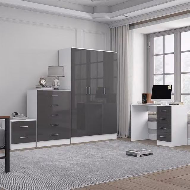 REFLECT Modern Bedroom Furniture Bundle in Grey Gloss and Matt White, including 3-Door Wardrobe, Chest of Drawers, Bedside Table and Desk