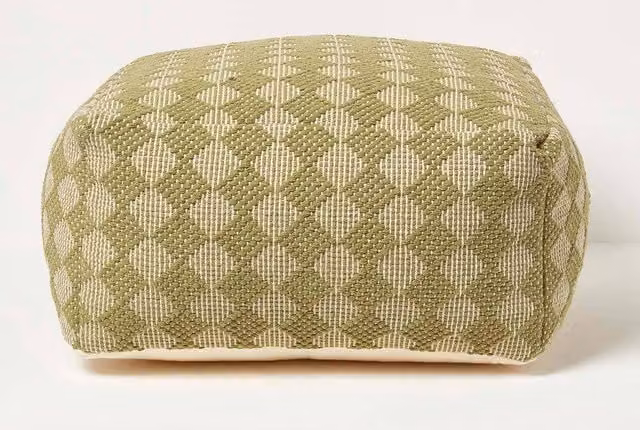 Homescapes Lima Handwoven Textured Cotton Bean Cube Pouffe in Green, W/D/H: 55 x 55 x 30 cm