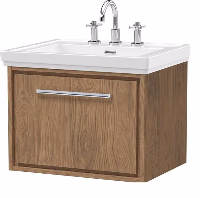 Balterley Longnor Wall Hung Single Drawer Bathroom Vanity Unit with Rectangular Basin in Antique Oak Brown, W/D/H: 63 x 47.1 x 49.7 cm