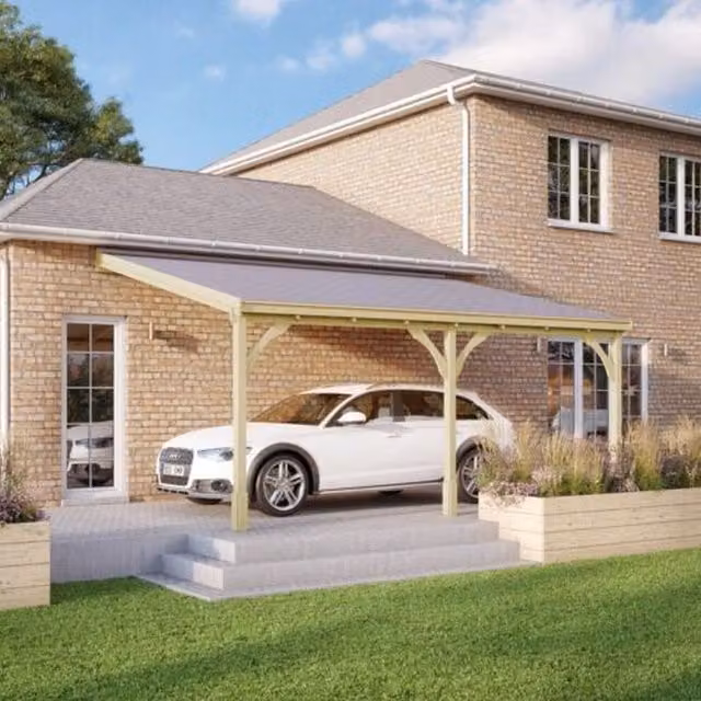 Rutland County Garden Furniture Ltd Wood Pent Carport with Bitumen Shingle Roof, Rustic Brown and Light Green, W: 722 cm, D: 250 cm