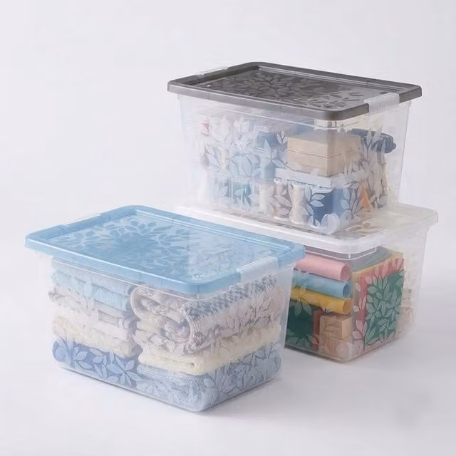 Storm Trading Group Elegant Jasmine Leaves 55L Storage Containers with Lids, Set of 3, Clear