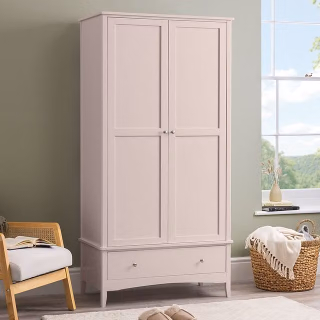 Christow Double Wardrobe with Drawer and Soft-Close Doors in Pink, H 185 x W 94.5 x D 50 cm
