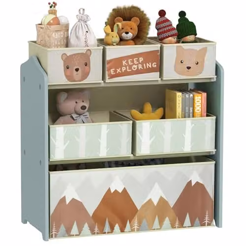 ZONEKIZ Kids Toy Storage Unit with 6 Fabric Bins, Green, W: 63 cm, D: 30 cm, H: 66 cm