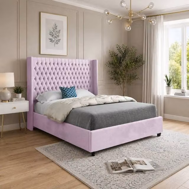 Casani Thwaite Straight Winged Designer Bed Frame in Pink Soft Velvet, Small Single