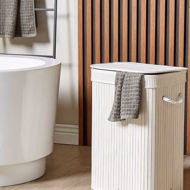 Wyld and Coco White Bamboo Laundry Basket with Removable Zip Lid and Handles, W/D/H: 40.0 x 30.0 x 60.0 cm