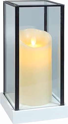 St Helens Home & Garden Xmas Haus Festive Hurricane Glass Holder with Battery Operated LED Flicker Flame Candle, White and Transparent