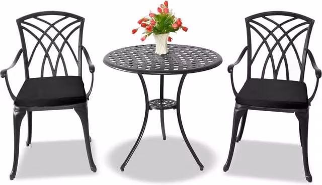 OSHOWA Modern Outdoor Bistro Set with Round Table and 2 Chairs in Black with Weather Resistant Cushions